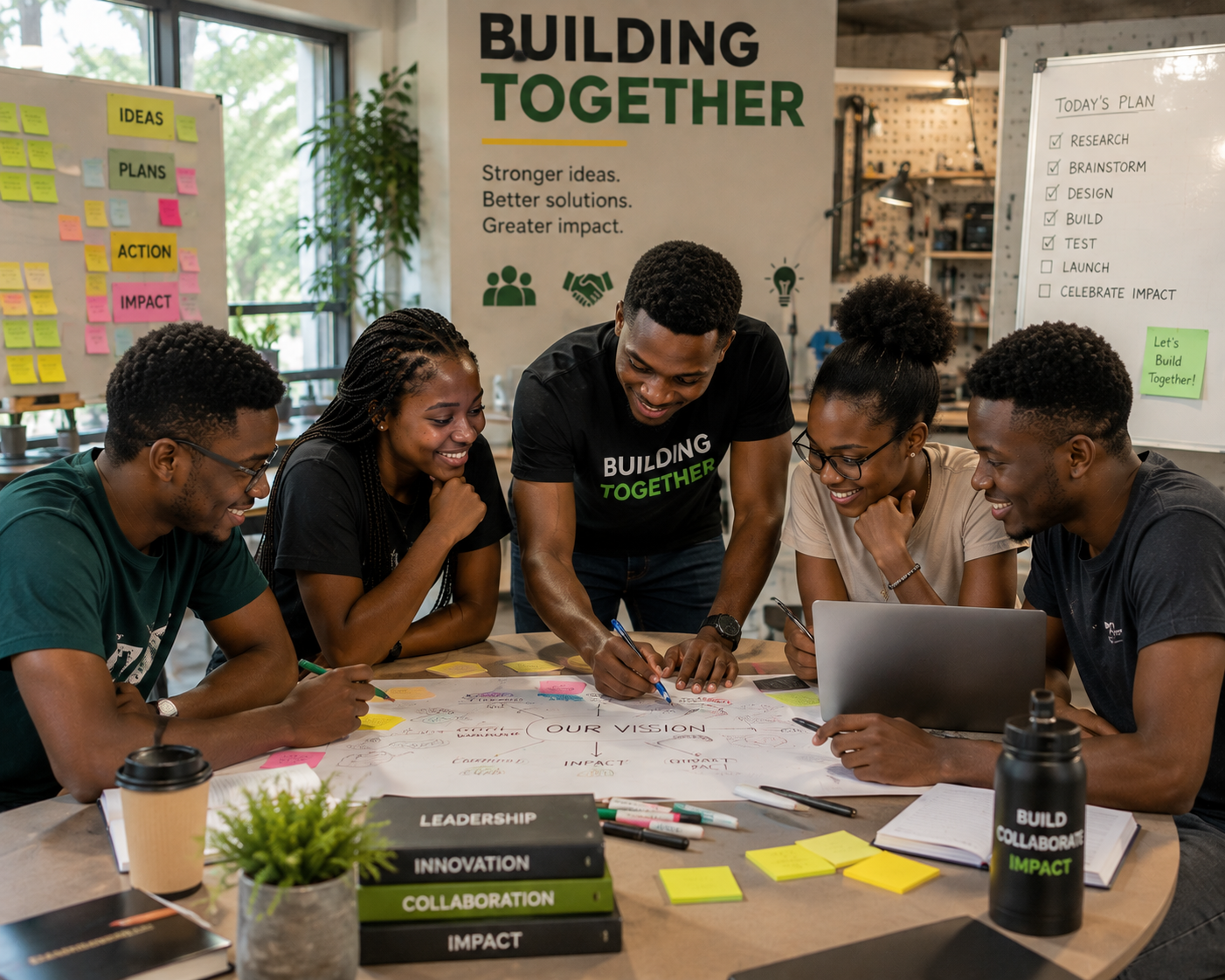 Black Ghanaian students collaborating on laptops